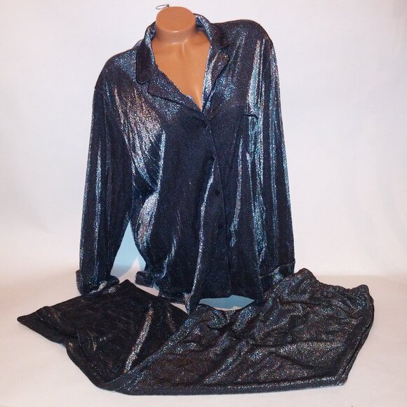 Victoria Secret Sleepwear Set Top & Bottom Black Silver Pajama Long Sleeve Pants - Picture 1 of 10